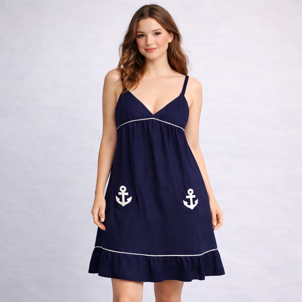 Primp Navy Anchor Embroidered‎ Slip Dress Size L